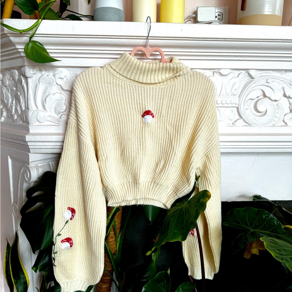 Cottagecore mushroom knit cropped sweater